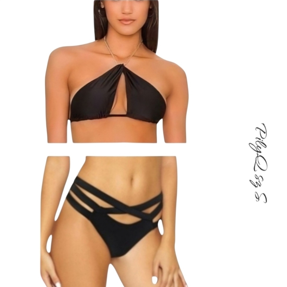 PilyQ PQ Swim  Black Crossover Bikini Top & Strappy Bottoms Size S NWT